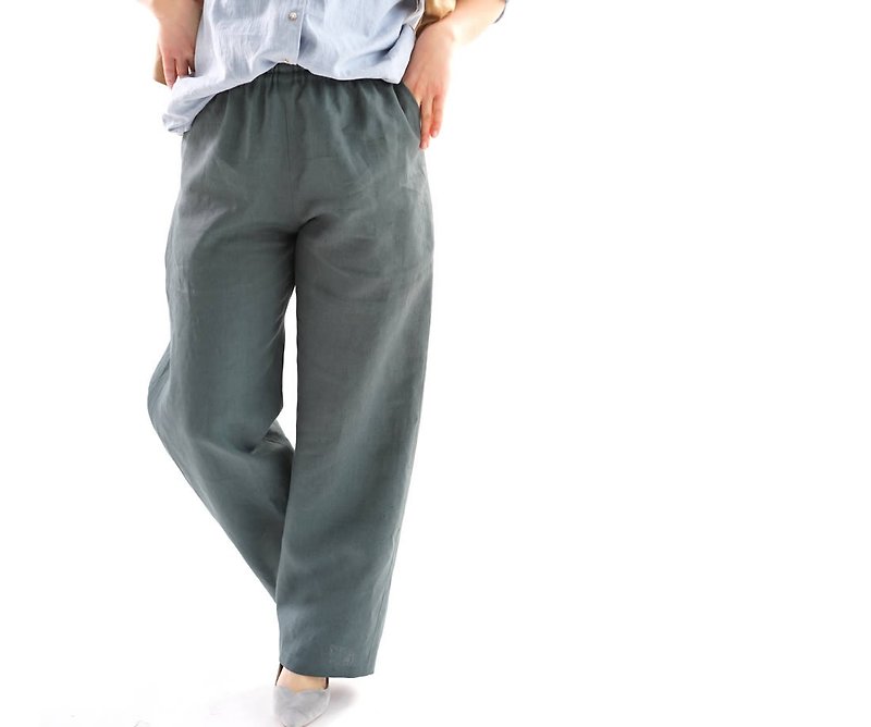 linen pants / elastic waist pants / loose fitted pants / bo5-54 - กางเกงขายาว - ผ้าฝ้าย/ผ้าลินิน สีเขียว