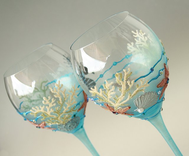 Single Wine Glass Hand Painted, Ocean Bottom Design - Shop NeA Glass Bar  Glasses & Drinkware - Pinkoi