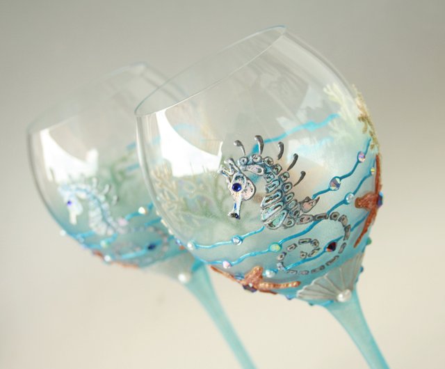 Single Wine Glass Hand Painted, Ocean Bottom Design - Shop NeA Glass Bar  Glasses & Drinkware - Pinkoi