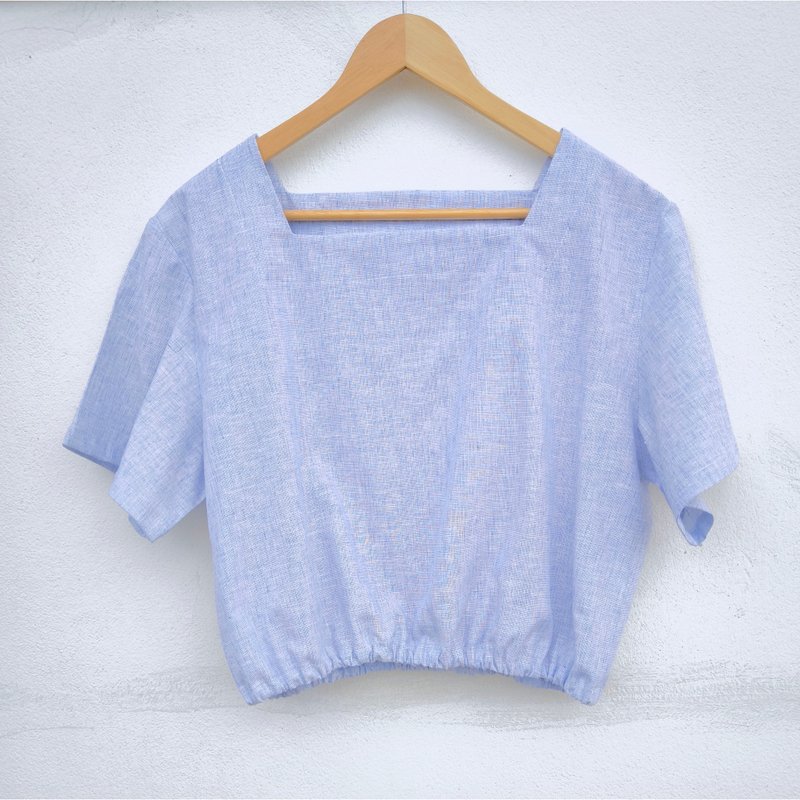 Cotton | Square Neck Top, Blue-White - 女上衣/長袖上衣 - 棉．麻 藍色