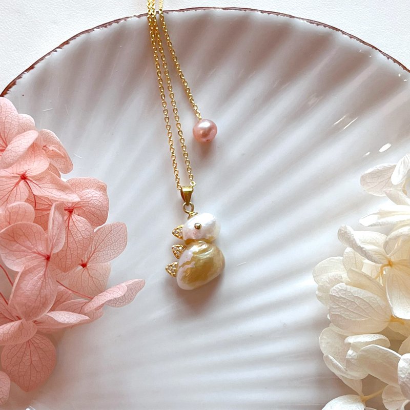 Baroque Pearl Unique Style Personalized Little Dinosaur Adjustable Necklace - สร้อยคอ - ไข่มุก 