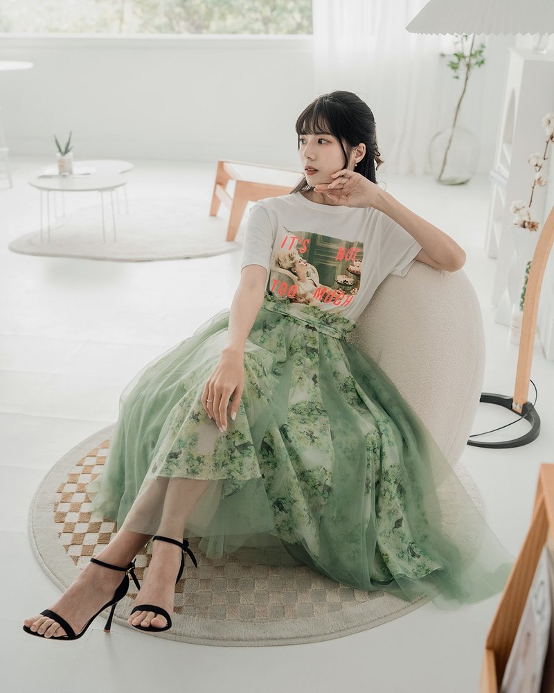 [LADY] Double-layer printed waterfall gauze skirt two-wear small dress long skirt Arashiyama early summer - Skirts - Cotton & Hemp Green