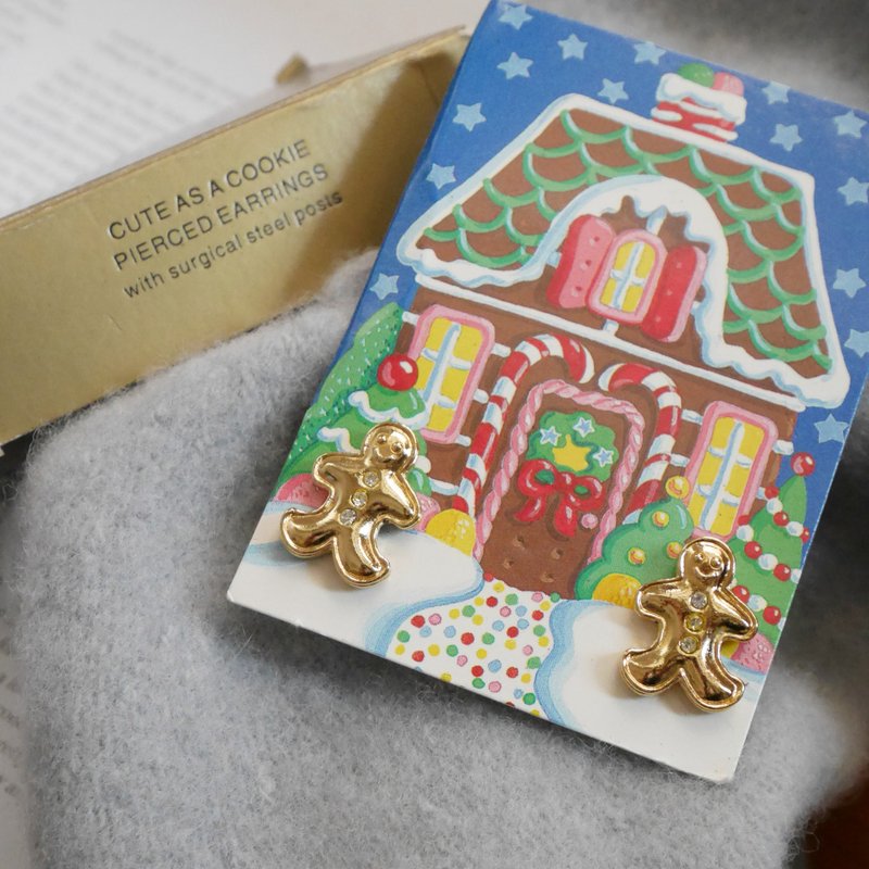 Good Old Good Antique Beads 1996 AVON Christmas Gold Stone Gingerbread Man Needle Earrings P551 - ต่างหู - โลหะ สีทอง