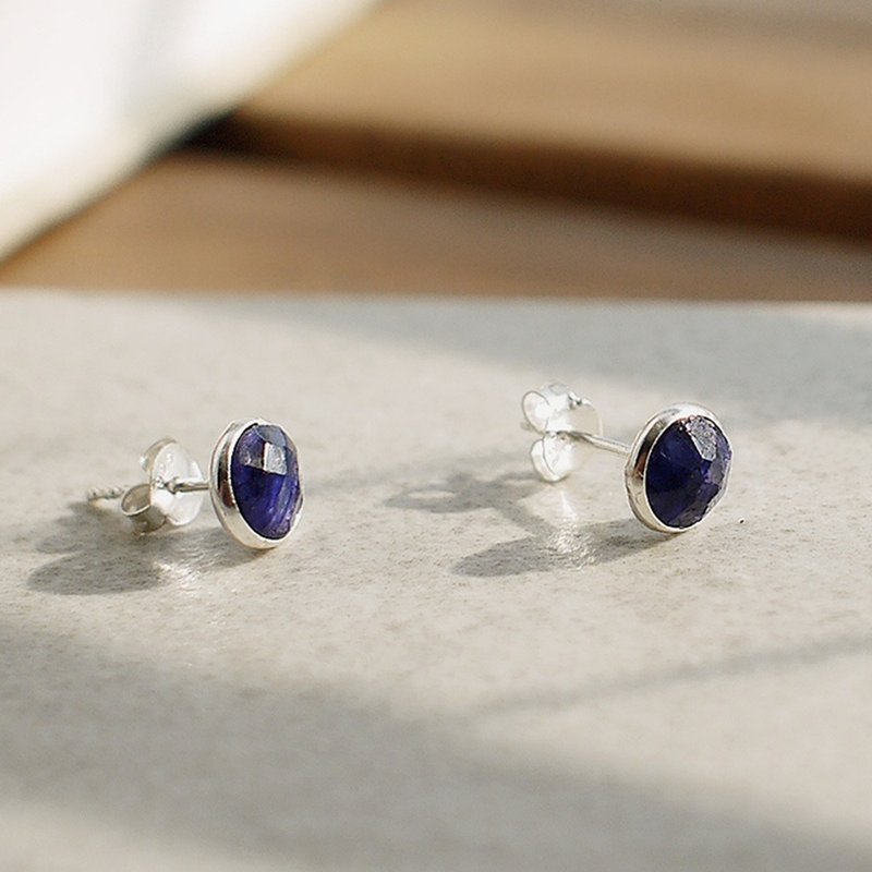 Sapphire simple small round sterling silver earrings | Indian natural stone crystal ore 925 silver ear needle gift - Earrings & Clip-ons - Semi-Precious Stones Blue