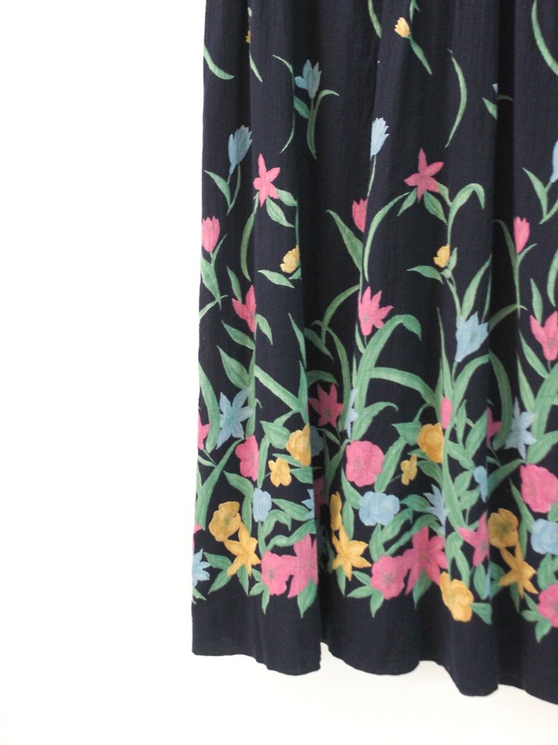 Japanese vintage flower black cotton short-sleeved vintage dress - ชุดเดรส - ผ้าฝ้าย/ผ้าลินิน สีดำ