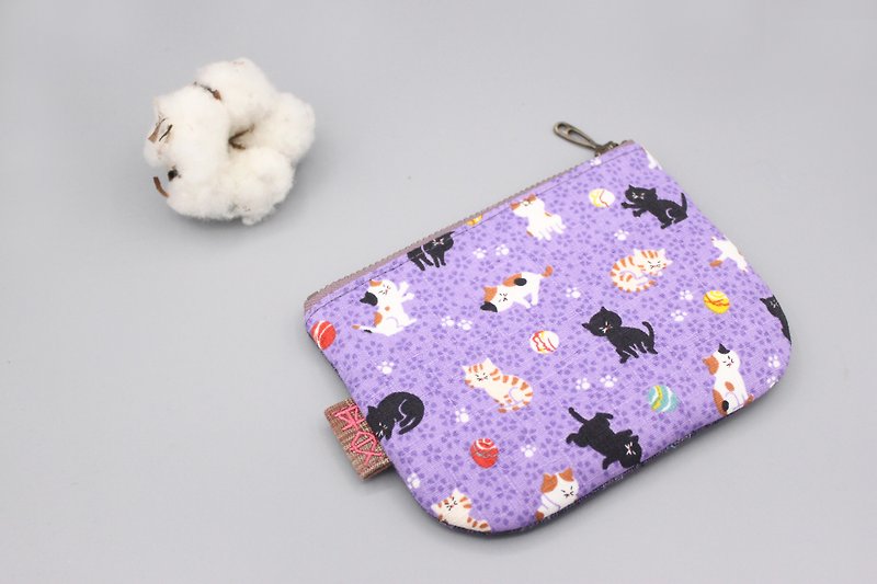 (最後件數)平安小樂包-玩樂貓咪(紫),雙面雙色手感小錢包 - 銀包 - 棉．麻 紫色