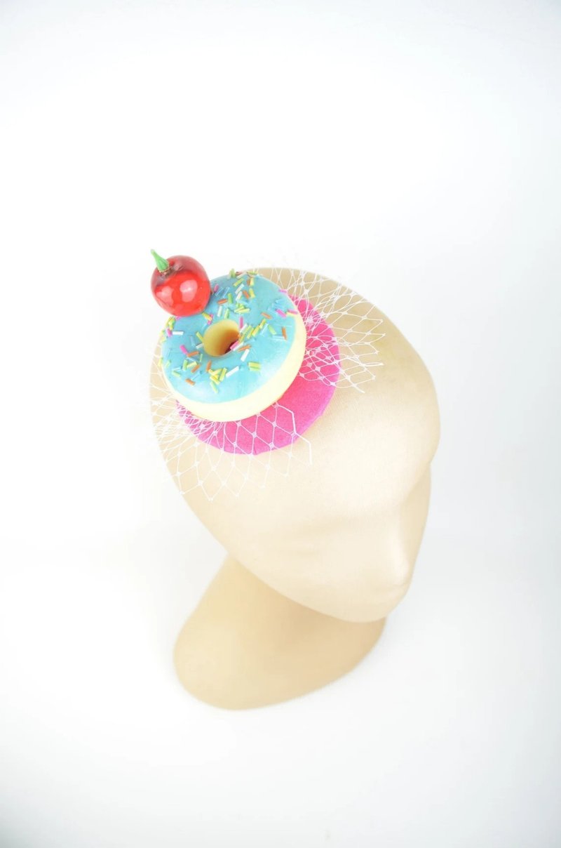 Headpiece Hair Clip Doughnut in Blue with Cherry and Veil Birthday Hat Kawaii - Hair Accessories - Other Materials Blue