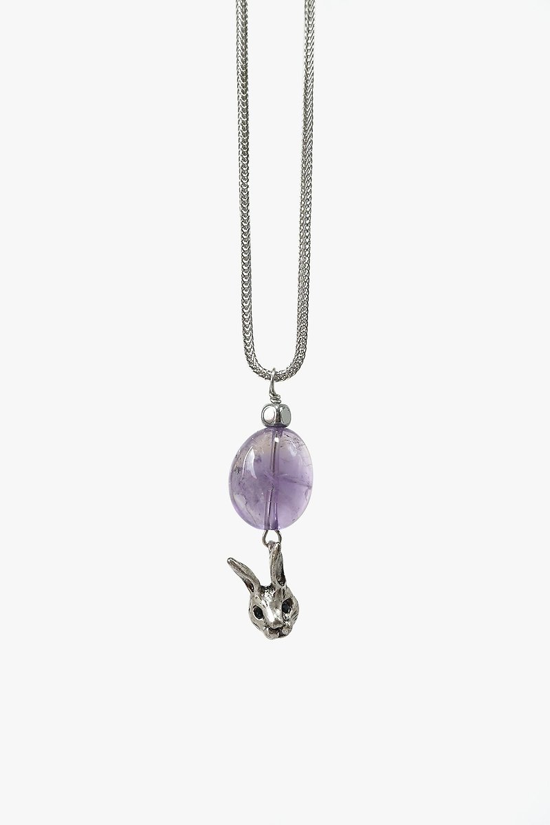 Dear Alice // Clear Purple Amethyst Gemstone Necklace with Bunny Head Charm on Stainless Steel Chain - Necklaces - Gemstone Purple