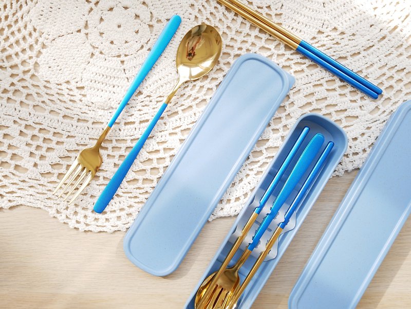 Simple Stainless Steel tableware set blue gold/customized thunder engraved words - Chopsticks - Stainless Steel Gold