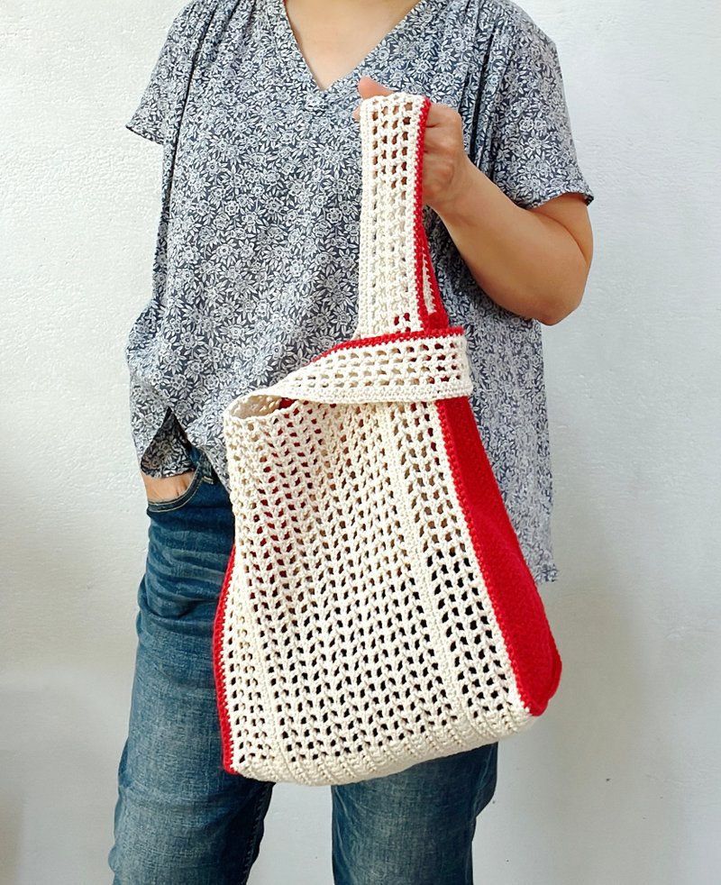 Grocery Style Mesh Bag White + Red - กระเป๋าถือ - ผ้าฝ้าย/ผ้าลินิน 