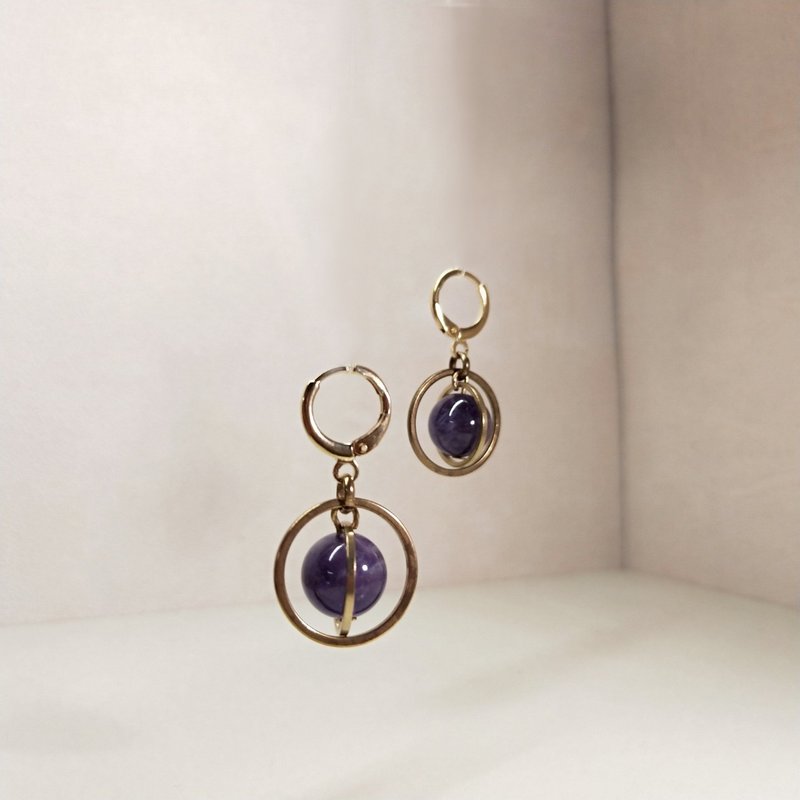 Bronze natural stone earrings - design models - the universe of galaxies - Fa Lute (Amethyst) - ต่างหู - ทองแดงทองเหลือง สีม่วง