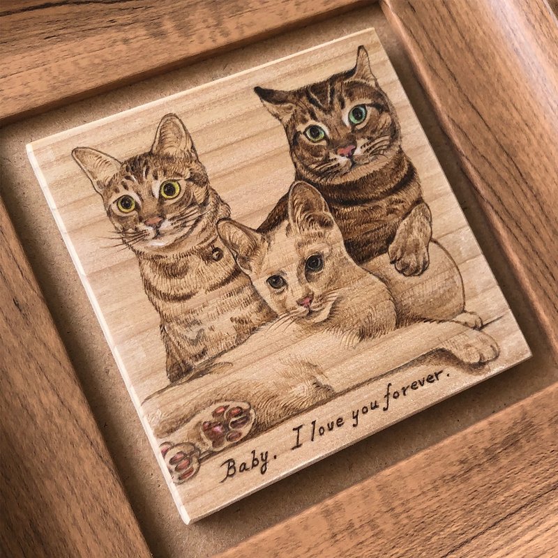 Customized pyrography-three animals/pets - ภาพวาดบุคคล - ไม้ สีกากี