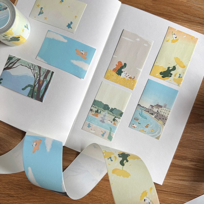 恐竜と猫の物語マスキングテープ - マスキングテープ・PET テープ - プラスチック 多色