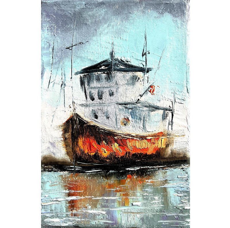 Fishing Boat Painting Original Art Small Artwork 15x10 cm/ 6x4 inch - Posters - Cotton & Hemp Multicolor