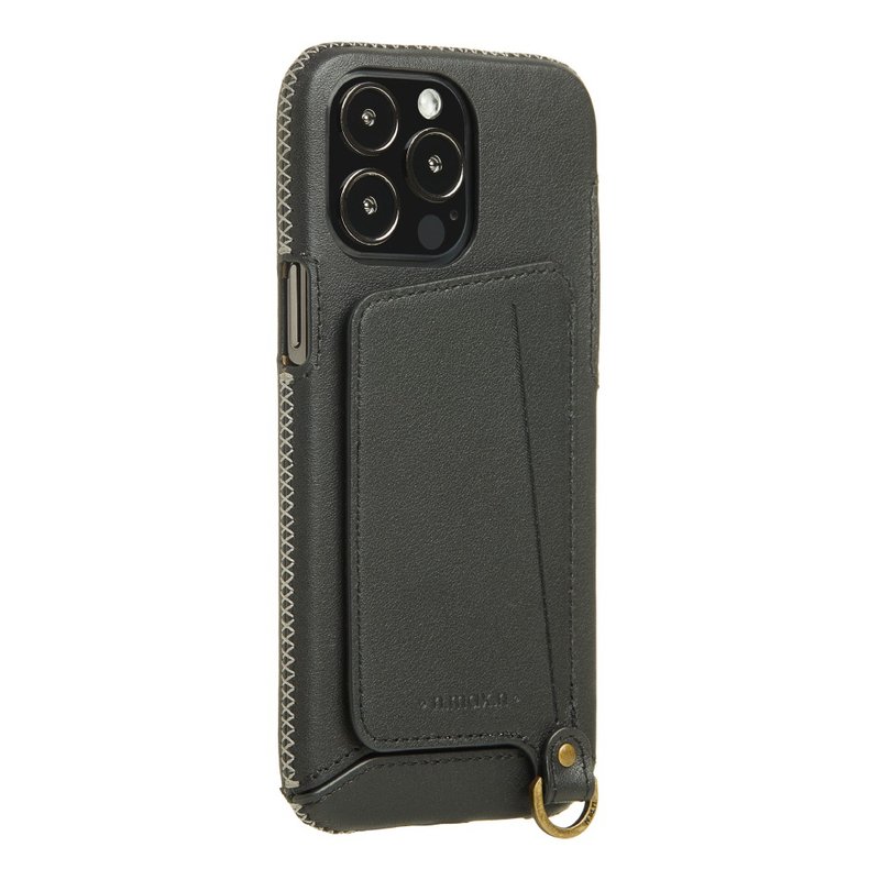 iPhone14 Pro Max 經典系列/附皮革手腕帶/站立卡袋-碳黑 - 手機殼/手機套 - 真皮 黑色