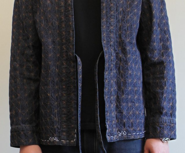 KARMA SASHIKO embroidered shirt jacket INDIGO denim Japanese robe handmade  - Shop mountsupply-cn Men's Coats & Jackets - Pinkoi