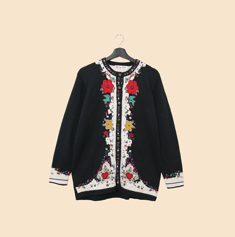 Back to Green-wool cardigan jacket with colorful flowers/vintage - Women's Casual & Functional Jackets - Polyester 