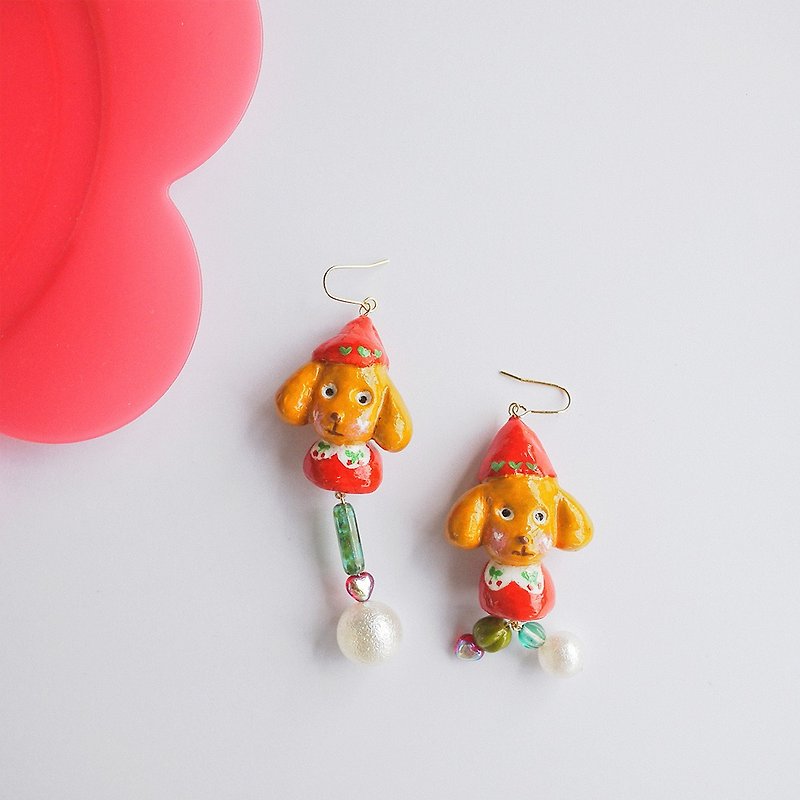 Clay Earrings Asymmetric Pet Teddy Dog Earrings Ear Hook - ต่างหู - ดินเหนียว สีส้ม