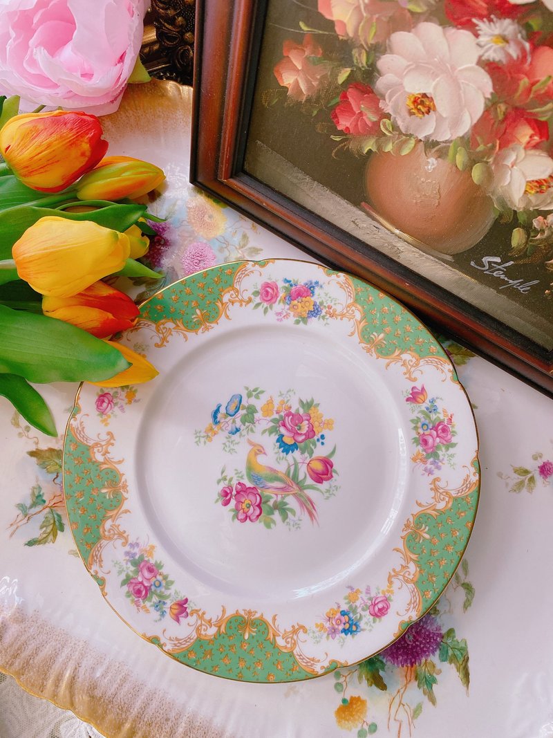 1960 British Paragon hand-painted rose magpie cake plate snack plate collection plate hanging plate - จานและถาด - เครื่องลายคราม สีเขียว