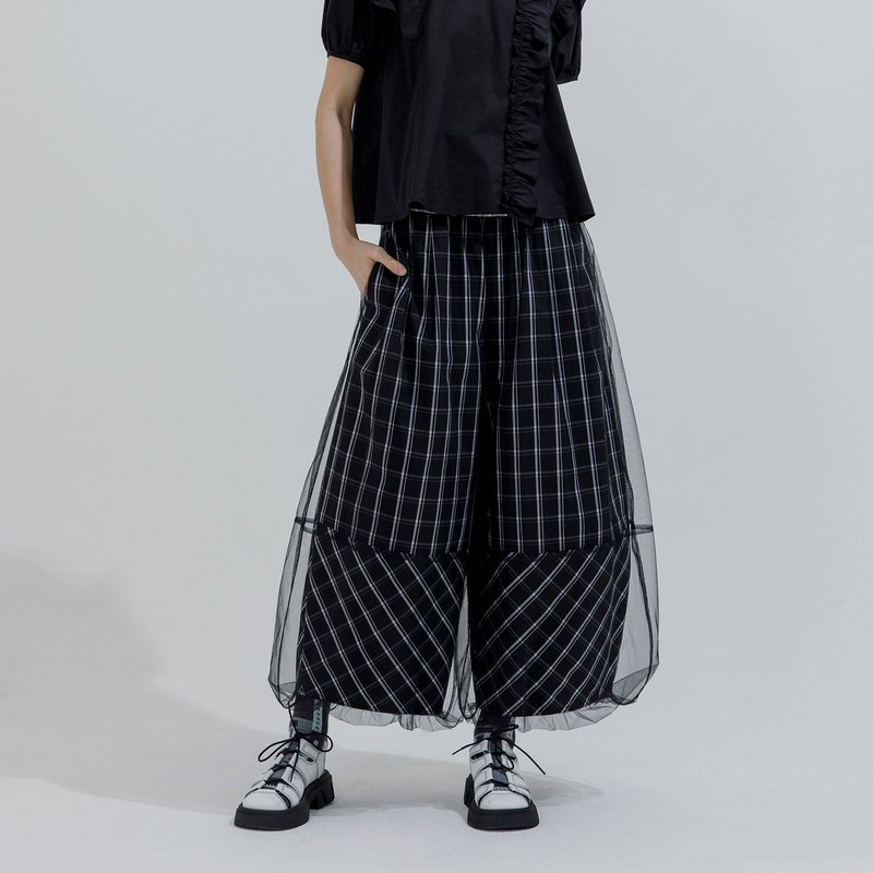 Mesh plaid puff pants - กางเกงขายาว - ผ้าฝ้าย/ผ้าลินิน สีดำ