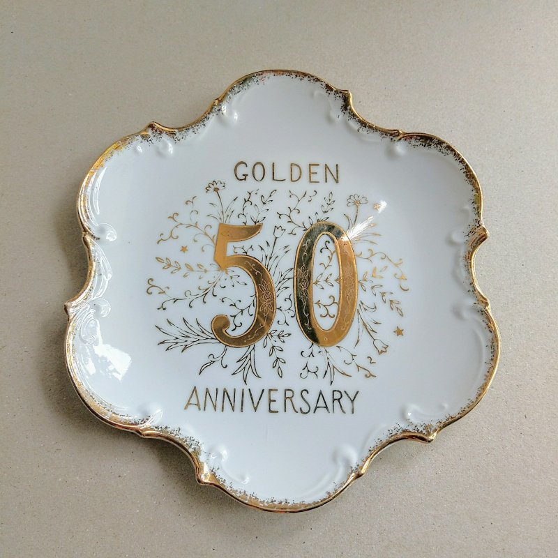 美國古董 | 美式風格 50黃金週年紀念 金邊陶瓷盤/壁飾/結婚禮物 - 盤子/餐盤/盤架 - 陶 白色