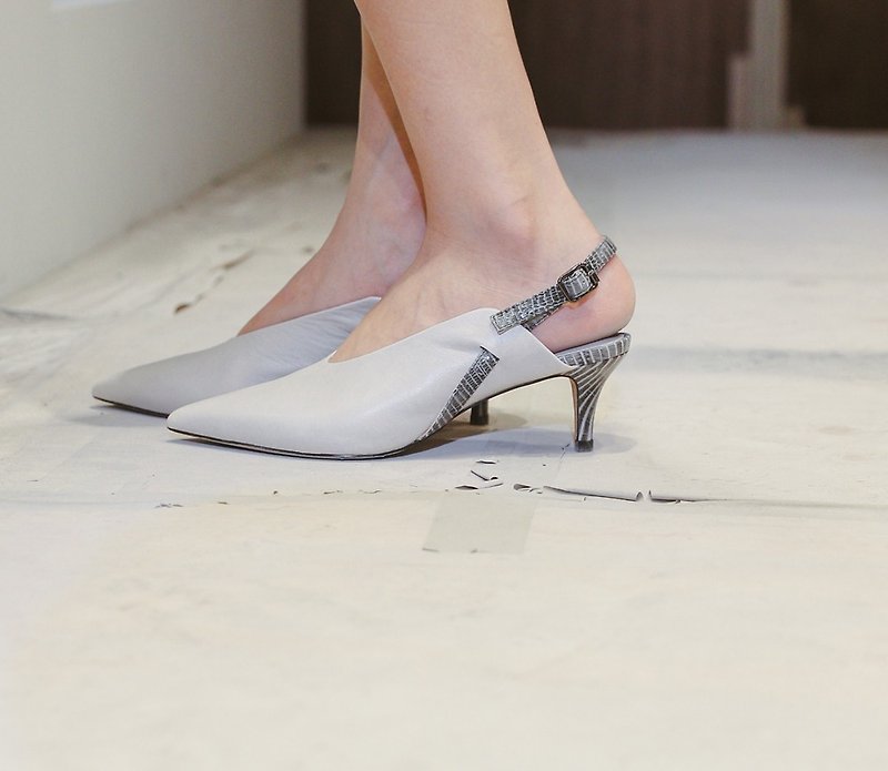 Followed by the arc splicing low-heeled sandal gray - รองเท้าส้นสูง - หนังแท้ สีเทา