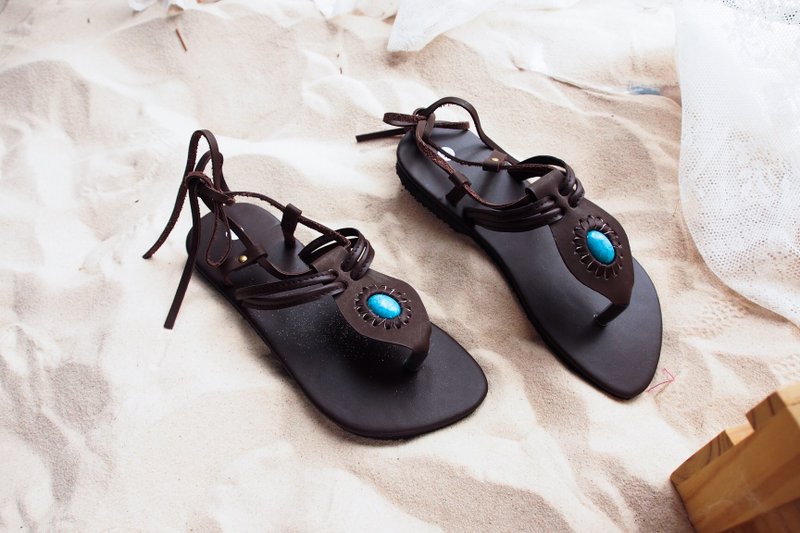 Ethnic Shoe Boho Bohemian Sandal Coachella Summer Shoe gladiator shoes beach - 其他女皮鞋 - 真皮 咖啡色