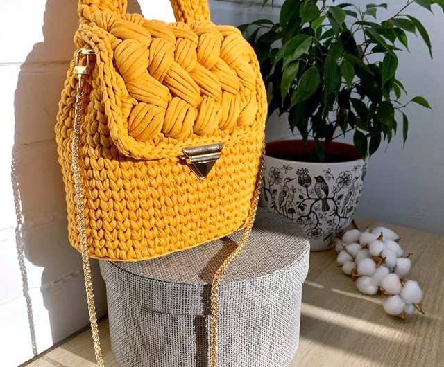 Crocheted yellow handbag Designer shoulder bag Mustard bag with