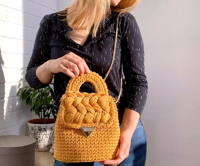 Crocheted yellow handbag Designer shoulder bag Mustard bag with
