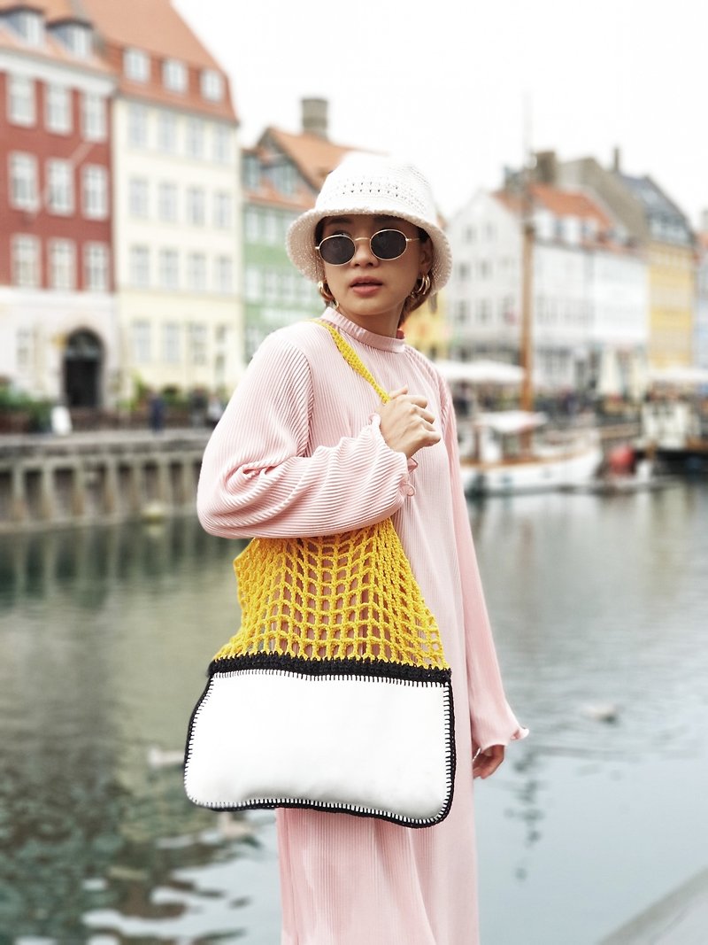 Yellow-White Gradie crochet bag - 手提包/手提袋 - 棉．麻 黃色