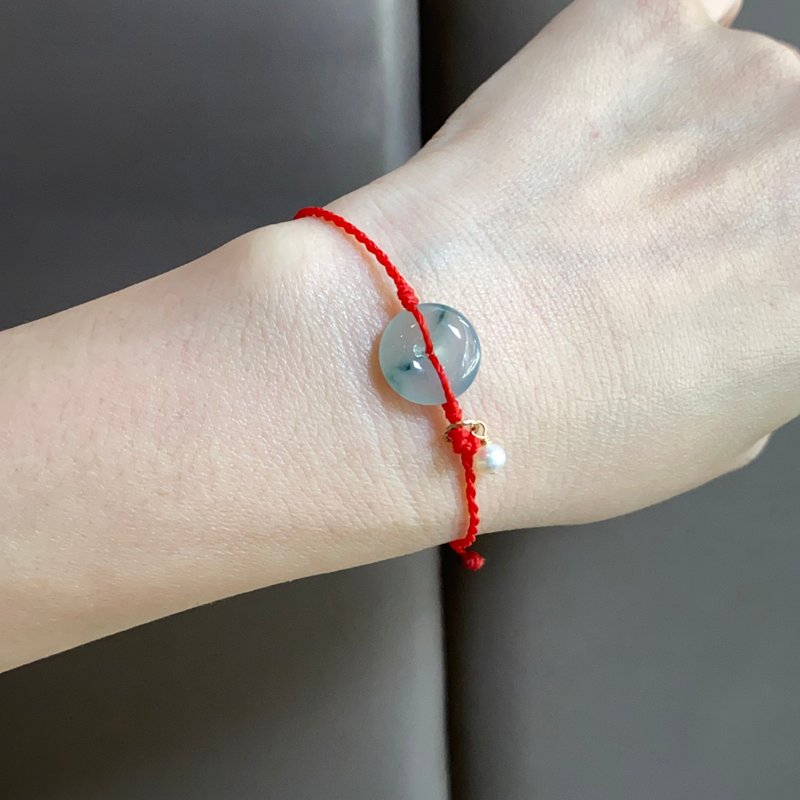 拈翠-天然緬甸A貨翡翠-冰飄花平安扣小紅繩蠟線手鏈 - 手鍊/手環 - 玉石 綠色
