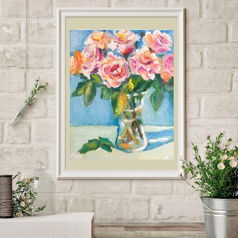 Rose oil painting / Pink Flowers / Hand-Painted / Home Decoration / Artwork - โปสเตอร์ - วัสดุอื่นๆ 