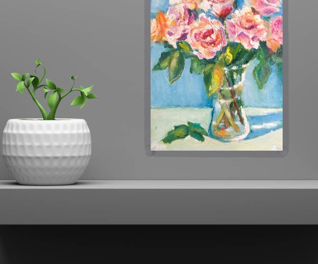 バラの油絵 / ピンクの花 / 手描き / 家の装飾 / アートワーク 