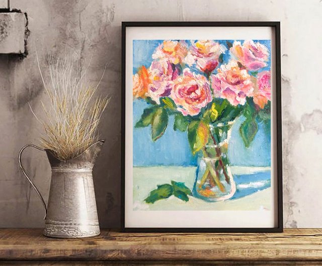 バラの油絵 / ピンクの花 / 手描き / ホームデコレーション / アート