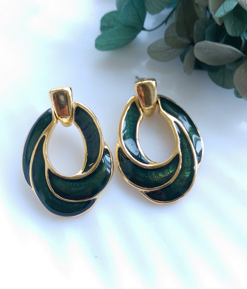 Vintage Jewelry 西洋古董飾品 復古 簡約 深綠琺瑯 針式耳環 - 耳環/耳夾/耳骨夾 - 其他金屬 透明