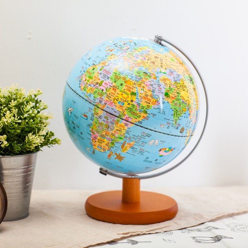 [Christmas Gift] SkyGlobe 10-inch cute illustrated wooden base globe (with light/Chinese version) - Items for Display - Plastic Blue