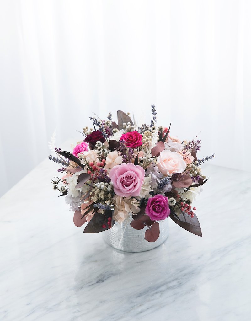 式典にはピンクの花の色を選択バラオープニング/ラベンダー/不死化あじさいの花/プリザーブドフラワーシルバーラウンド磁器のテーブルの花 - 観葉植物 - 寄せ植え・花 ピンク