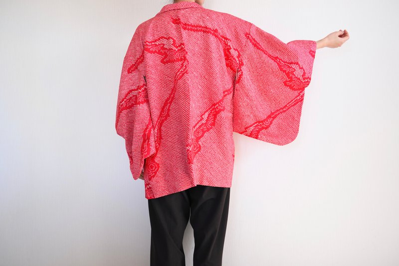 Japanese KIMONO, Shibori kimono, red silk haori, authentic kimono - 女大衣/外套 - 絲．絹 紅色
