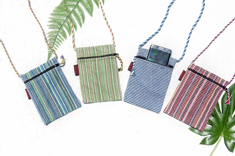 Hand-woven fabric mobile phone case storage bag ticket holder leisure card case side backpack-rainbow stripes color - Phone Cases - Cotton & Hemp Multicolor