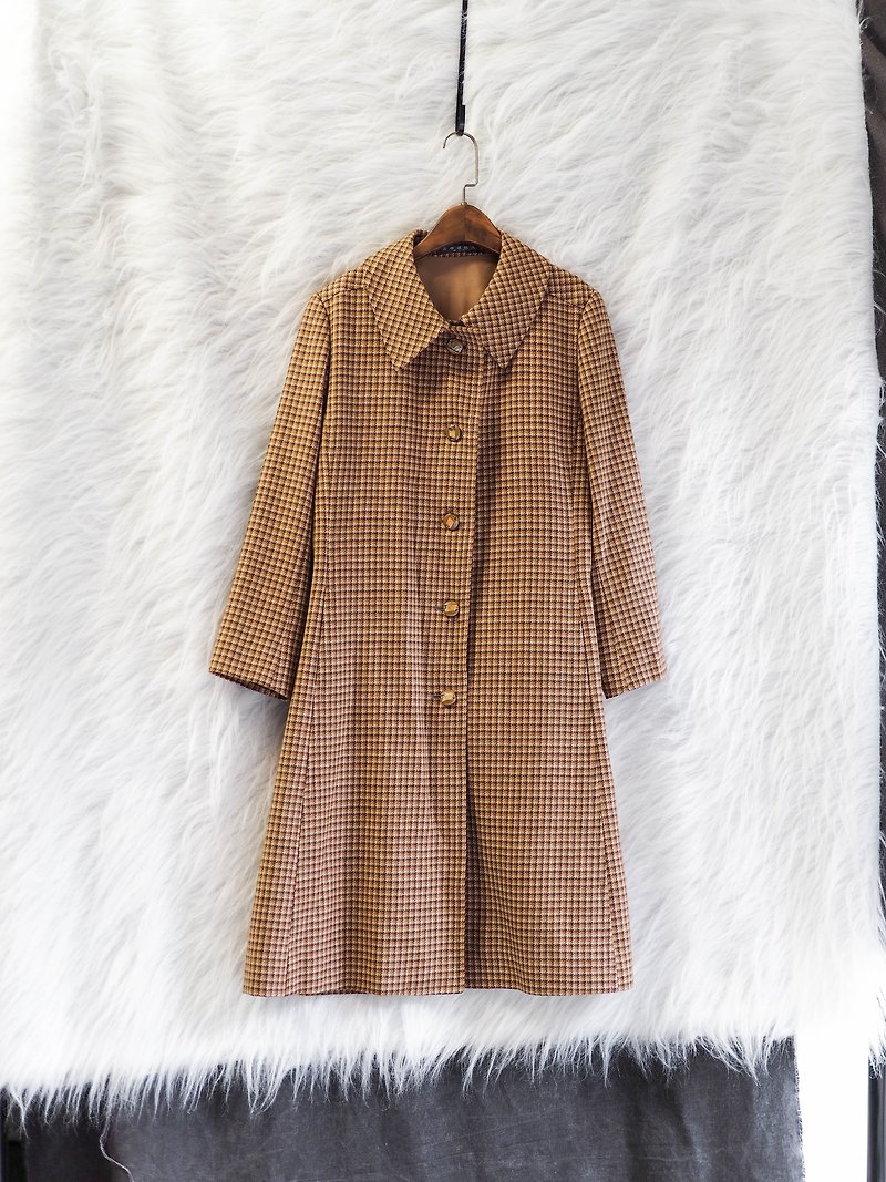 岐阜 orange fine broken island lattice lapel green literary girl wool antique coat coat vintage - เสื้อแจ็คเก็ต - ขนแกะ สีส้ม