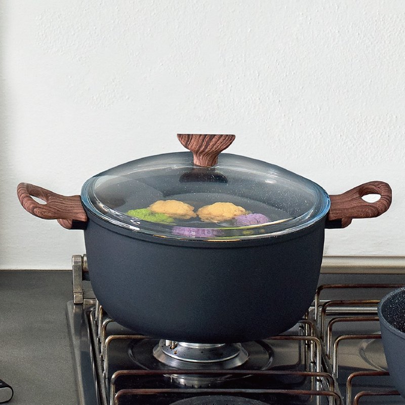 【Sambonet】 RockNRose non-stick pot with two ears 24cm-with lid-rock black - กระทะ - โลหะ 