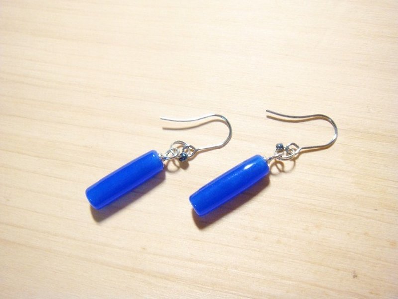 Grapefruit Lin Handmade Glazed Glass-All-match Earrings Navy Blue-Round and Long Columnar-Can be changed to clip style - Earrings & Clip-ons - Glass Blue