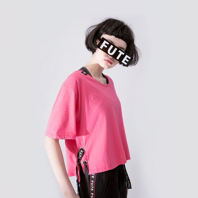 【女款】側綁帶裝飾圓領t-shirt / 桃紅 - 女裝 上衣 - 棉．麻 粉紅色