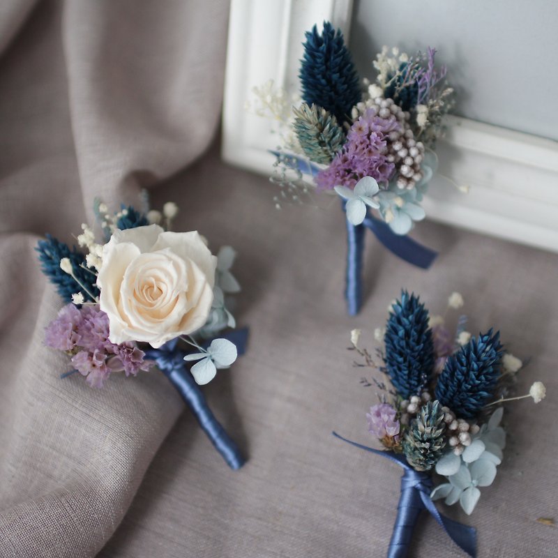 Corsage (dried flower/preserved flower) - Summer Solstice Blue - เข็มกลัด/ข้อมือดอกไม้ - พืช/ดอกไม้ สีน้ำเงิน