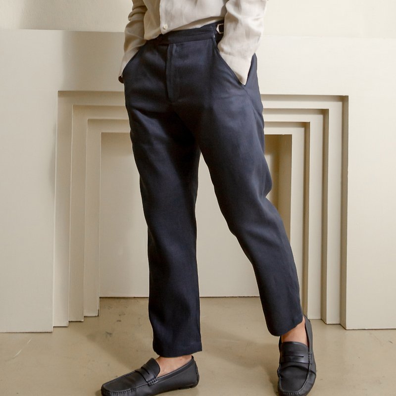 Men's linen trousers, Weekday Solstice, Navy Blue with adjustable waist - Men's Pants - Cotton & Hemp Blue