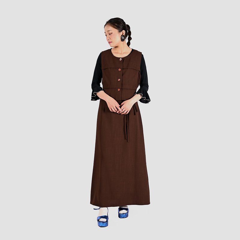 【蛋植物古著】禪雅氛圍裙式古著套裝 - 連身裙 - 其他人造纖維 咖啡色