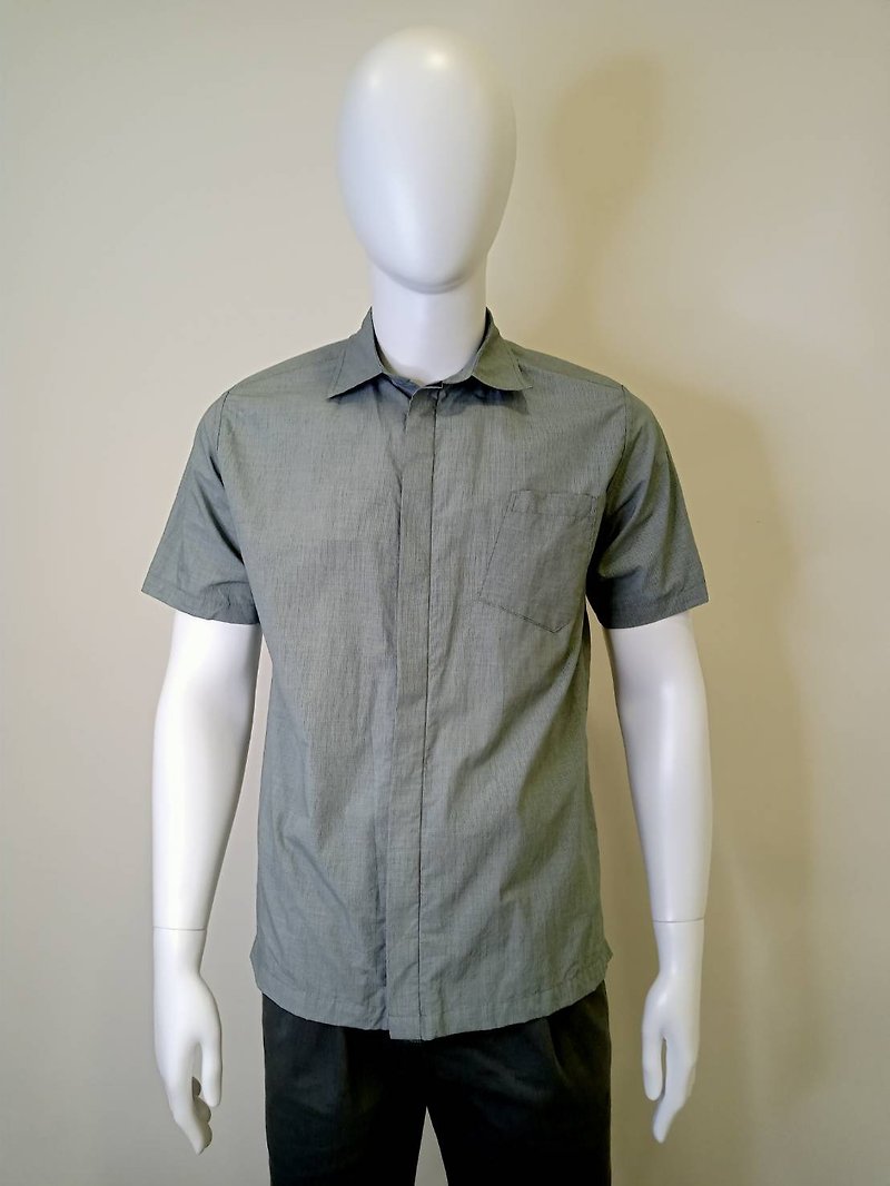 棉．麻 男襯衫/休閒襯衫 - (現貨)男窄版亞麻綠短袖襯衫
