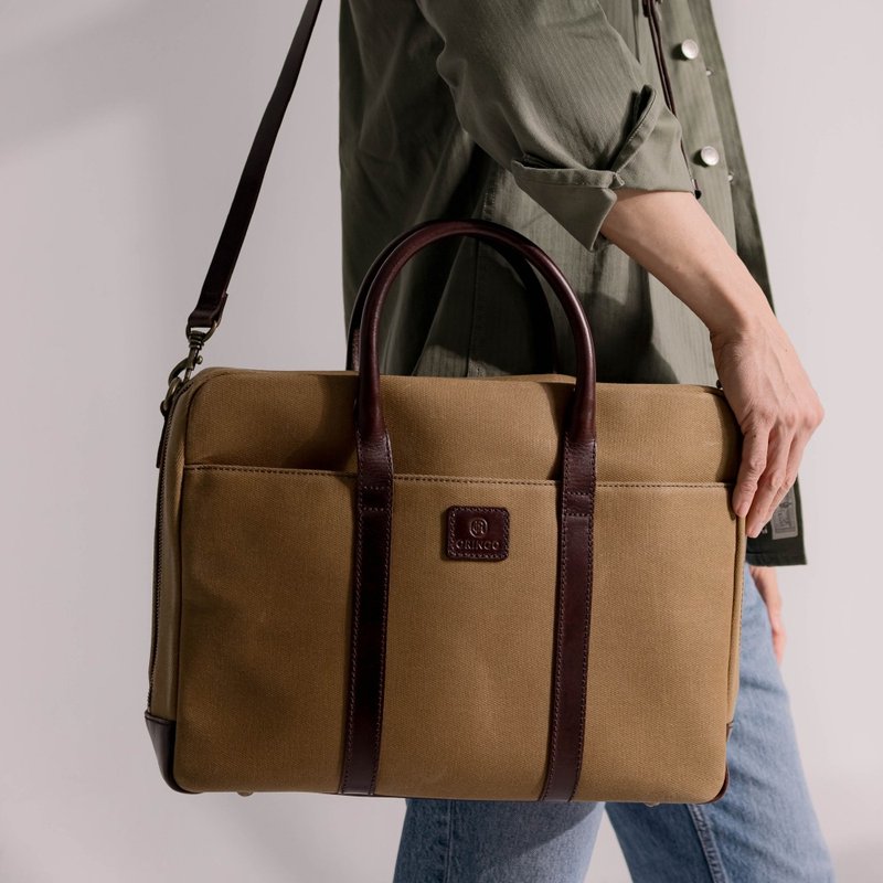 [New Year Gift] Heavy Wax x leather briefcase linen Brown - กระเป๋าเอกสาร - หนังแท้ สีกากี