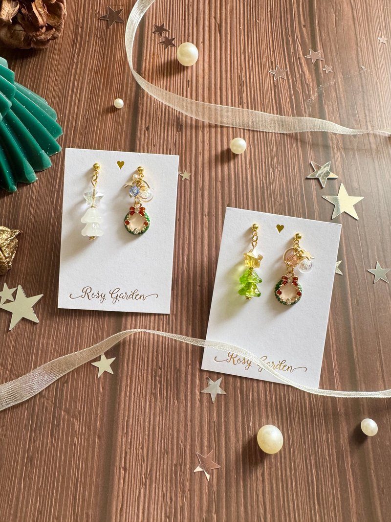 聖誕樹與閃閃花環水晶球耳環 - 雙色節日設計・手作耳環・派對 - 耳環/耳夾/耳骨夾 - 玻璃 綠色