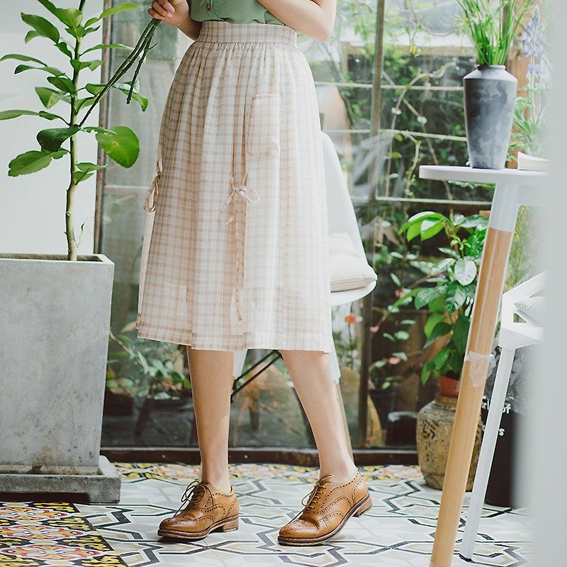 安妮陳2017夏裝新款女士格子系帶松緊半身裙洋裝 - 裙子/長裙 - 聚酯纖維 白色